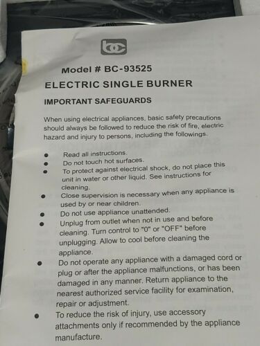 Bene Casa DC93525 Single Coil Burner 1000-watt, Black Camping survival Stove new - Fresh Stock Dated February 2026