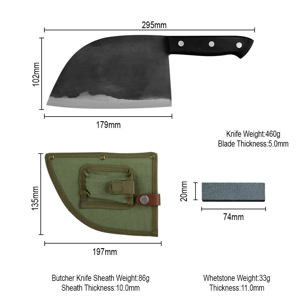 Forged Kitchen Butcher Knife Full Tang Chef/Camping Knife w/Sheath & Whet Stone - Fresh Stock Dated January 2026