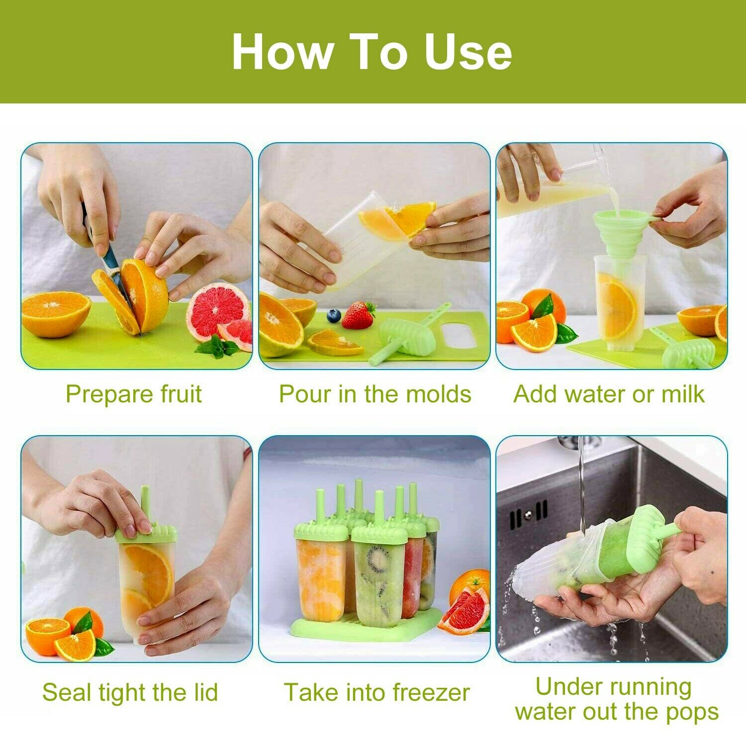 6Pcs Frozen Popsicle Molds DIY Ice Cream Pop Maker Freezer Tray Fruit with Stick - Fresh Stock Dated February 2026