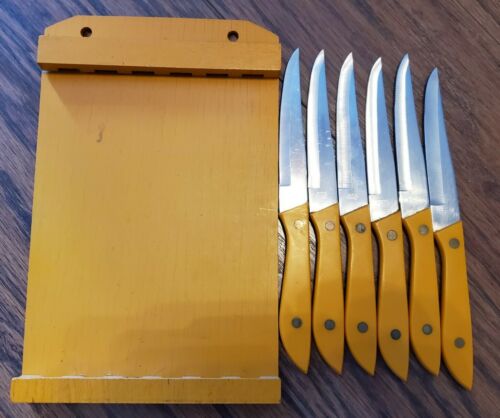 Vintage Retro Orange 6pc Steak Knife Set W/ Wall Mount Holder - Fresh Stock Dated January 2026