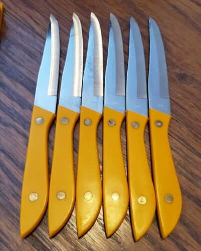 Vintage Retro Orange 6pc Steak Knife Set W/ Wall Mount Holder - Fresh Stock Dated January 2026