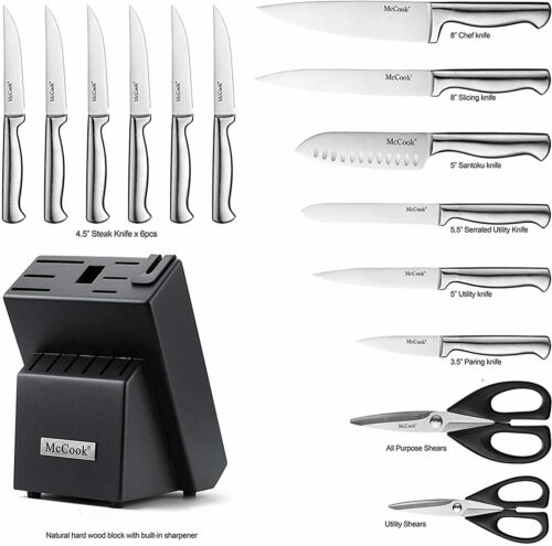 McCook MC21 15 Pieces Kitchen Knife Cutlery Set with Block Built-in Sharpener - Fresh Stock Dated January 2026