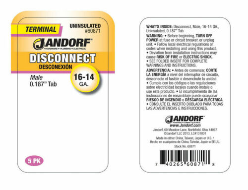 Jandorf 60871 Copper Uninsulated Male Disconnect Terminal 16 to 14 AWG - Fresh Stock Dated December 2025