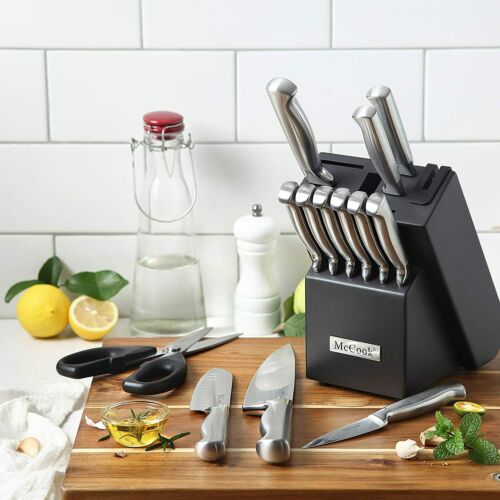 McCook MC21 15 Pieces Kitchen Knife Cutlery Set with Block Built-in Sharpener - Fresh Stock Dated January 2026
