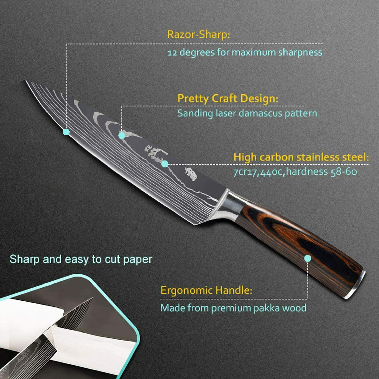 Stainless 8 Pcs Professional Knives Set Damascus Chef's Style Knife Kitchen Tool - Fresh Stock Dated January 2026