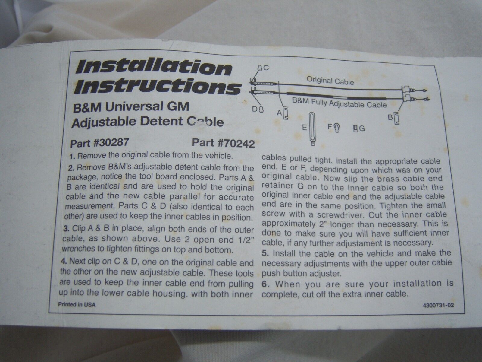 B & M DETENT CABLE GM 30287 69-87 Passing Gear Vtg Muscle TH-350 Carburetor New - Fresh Stock Dated December 2025