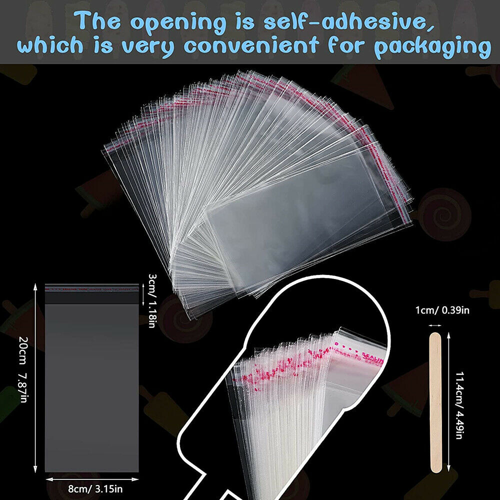 200Pcs Popsicle Bags Self Stick Ice Cream Pouches with 100Pcs Wooden Sticks DIY - Fresh Stock Dated February 2026