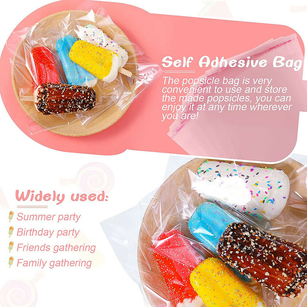 200Pcs Popsicle Bags Self Stick Ice Cream Pouches with 100Pcs Wooden Sticks DIY - Fresh Stock Dated February 2026