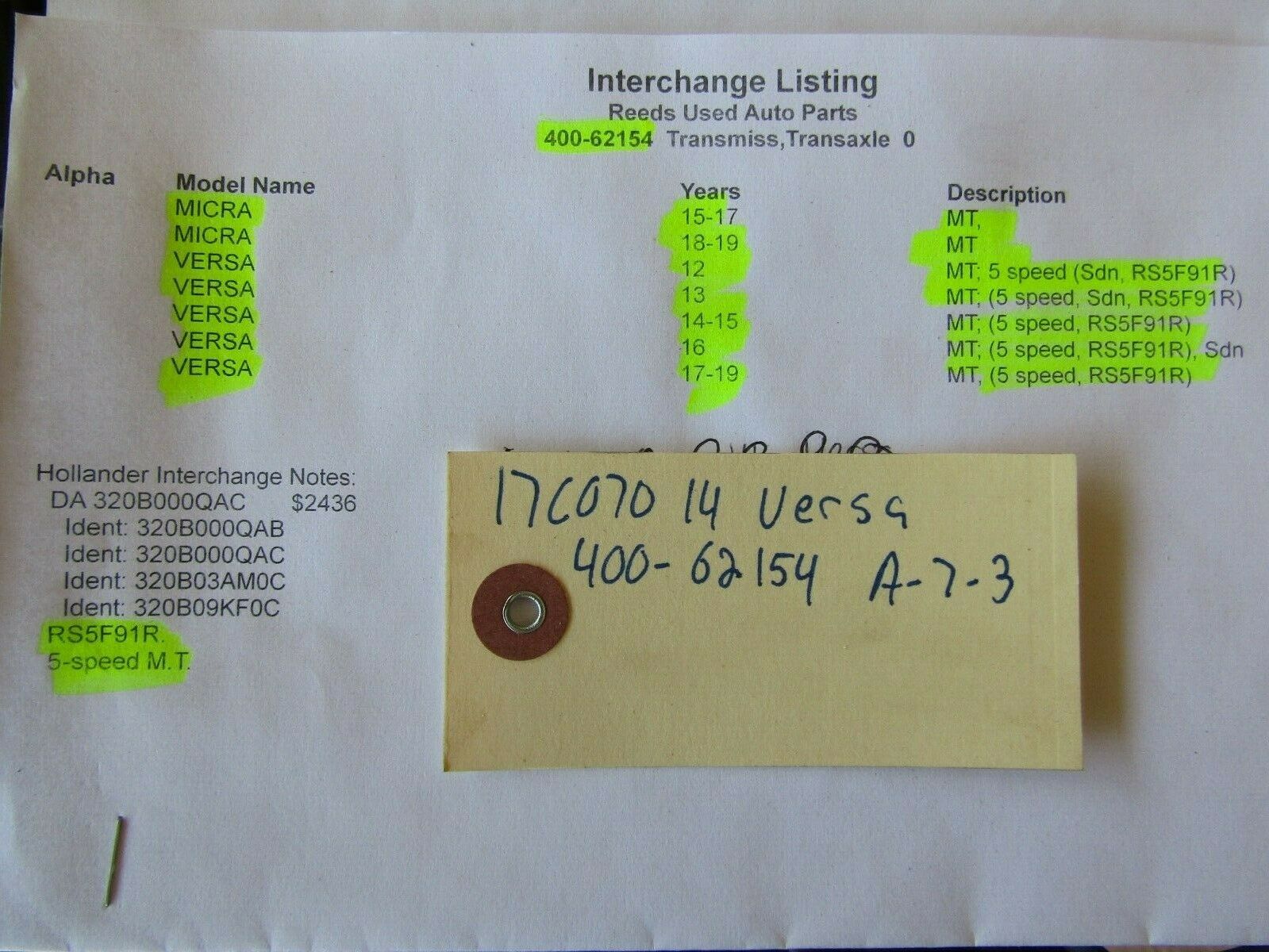 Manual Transmission 5 Speed RS5F91R Fits 12-17 VERSA - Fresh Stock Dated December 2025