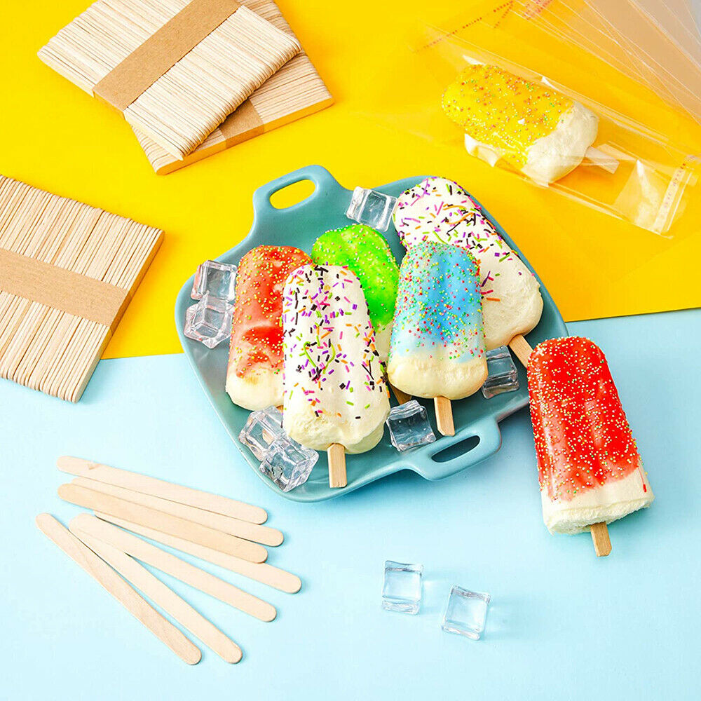 200Pcs Popsicle Bags Self Stick Ice Cream Pouches with 100Pcs Wooden Sticks DIY - Fresh Stock Dated February 2026