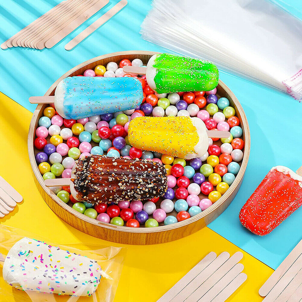 200Pcs Popsicle Bags Self Stick Ice Cream Pouches with 100Pcs Wooden Sticks DIY - Fresh Stock Dated February 2026