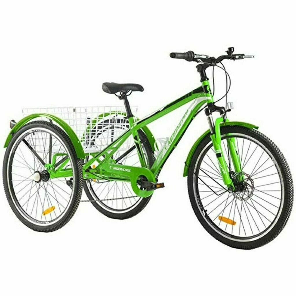 Adult Mountain Tricycle 7 Speed 3 Wheel Bike Cruiser Trike Green w/ Cargo Basket - Fresh Stock Dated December 2025