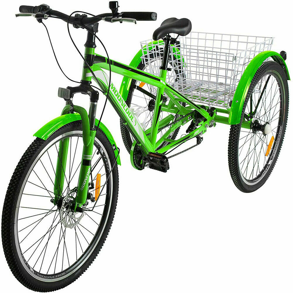 Adult Mountain Tricycle 7 Speed 3 Wheel Bike Cruiser Trike Green w/ Cargo Basket - Fresh Stock Dated December 2025