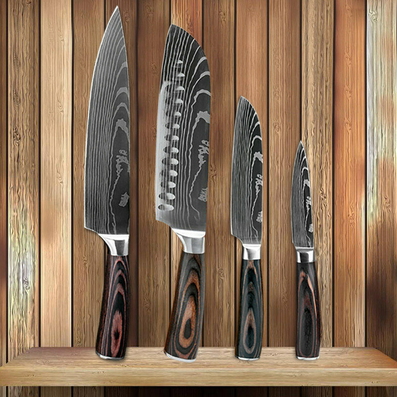 4Pcs Kitchen Knife Set Damascus Pattern Stainless Steel Professional Chef Knives - Fresh Stock Dated January 2026