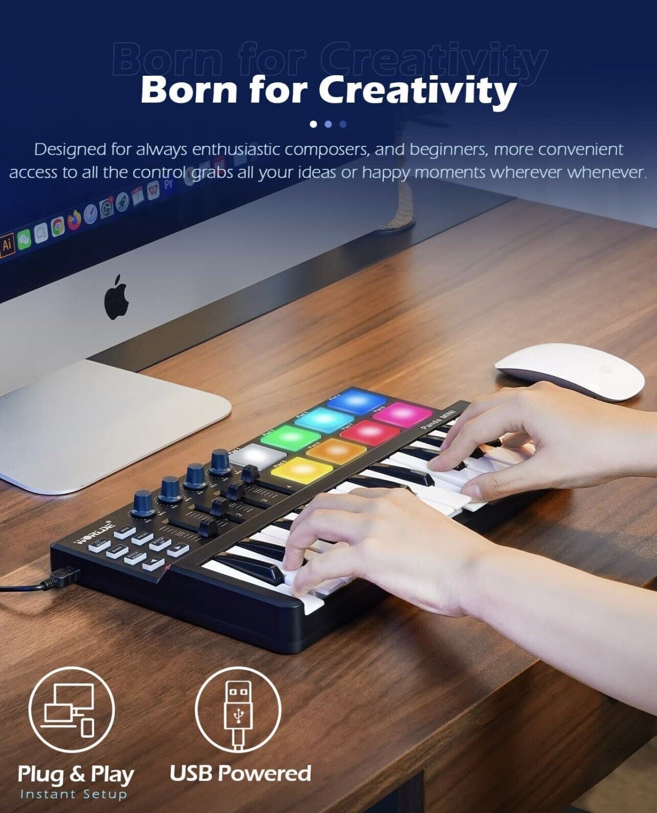 Worlde Panda Mini Black White 100mA 25 Key Portable USB MIDI Controller Keyboard - Fresh Stock Dated December 2025