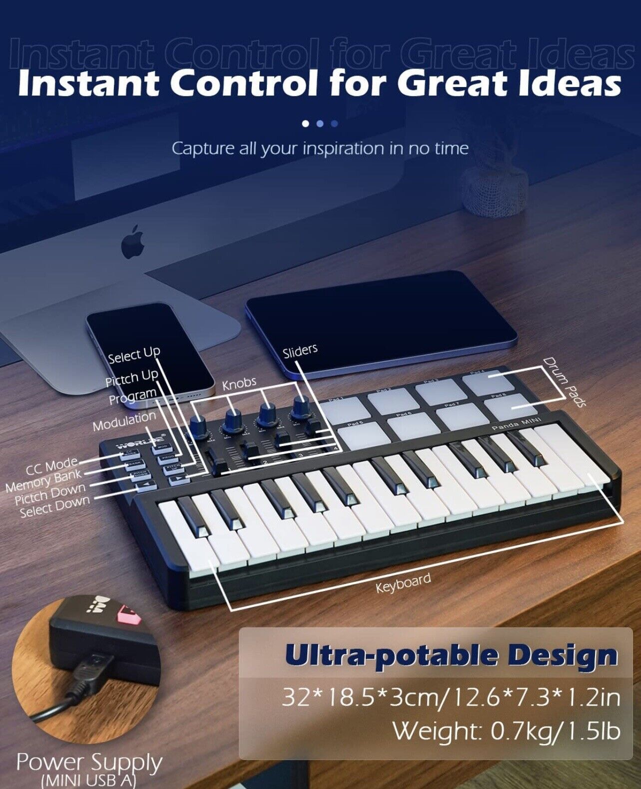 Worlde Panda Mini Black White 100mA 25 Key Portable USB MIDI Controller Keyboard - Fresh Stock Dated December 2025