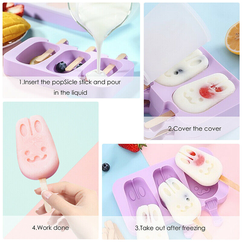 3 Cell Rabbit Silicone Ice Cream Pop Mold Popsicle Maker Mould with 50pcs Sticks - Fresh Stock Dated February 2026
