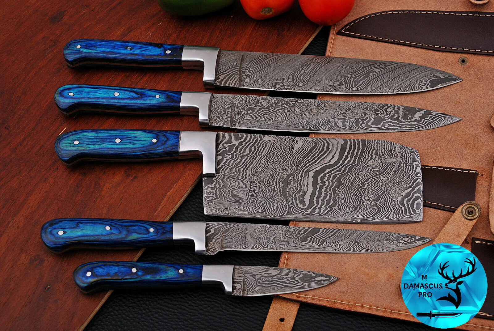 DAMASCUS STEEL CHEF KITCHEN KNIFE SET WITH WOOD & STEEL GUARD HANDLE - AJ 1575 - Fresh Stock Dated January 2026