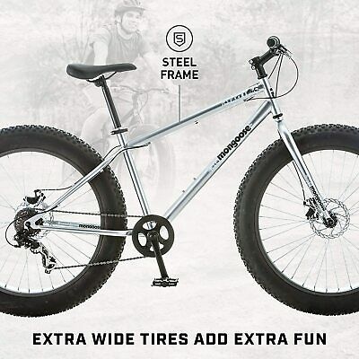 Fat Tire Mountain Bike Mongoose Malus 26 Inch Wheels 7 Speed 18 In Frame Silver - Fresh Stock Dated January 2026
