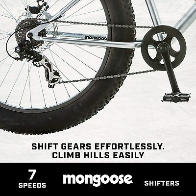 Fat Tire Mountain Bike Mongoose Malus 26 Inch Wheels 7 Speed 18 In Frame Silver - Fresh Stock Dated January 2026