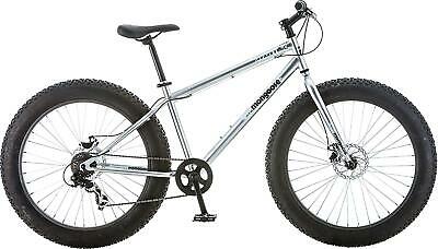 Fat Tire Mountain Bike Mongoose Malus 26 Inch Wheels 7 Speed 18 In Frame Silver - Fresh Stock Dated January 2026