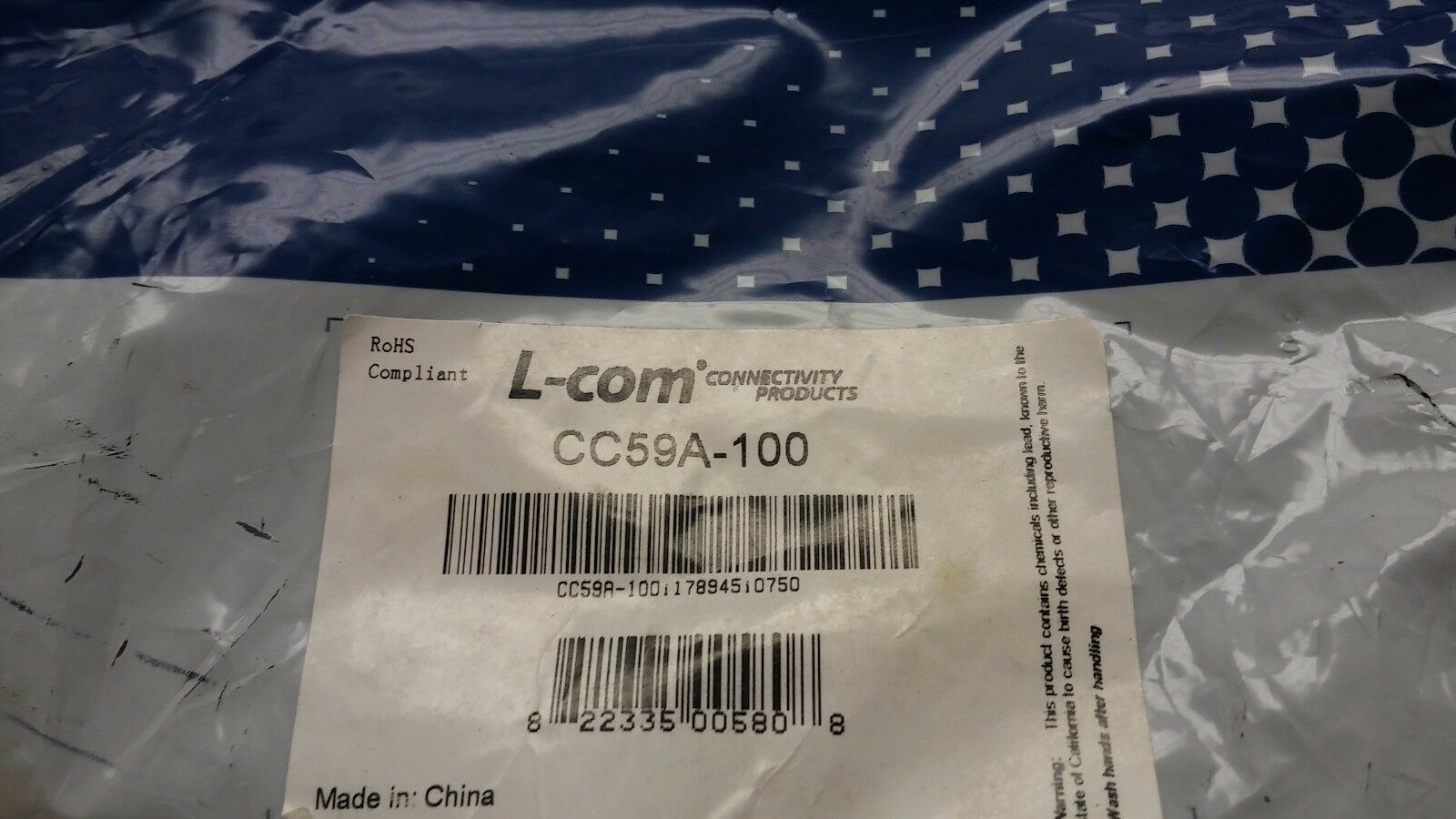 L-COM CC59A-100 BNC Male Male 100 ft RG59A Coaxial Cable - Fresh Stock Dated December 2025