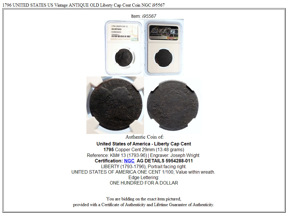 1796 UNITED STATES US Vintage ANTIQUE OLD Liberty Cap Cent Coin NGC i95567 - Fresh Stock Dated December 2025