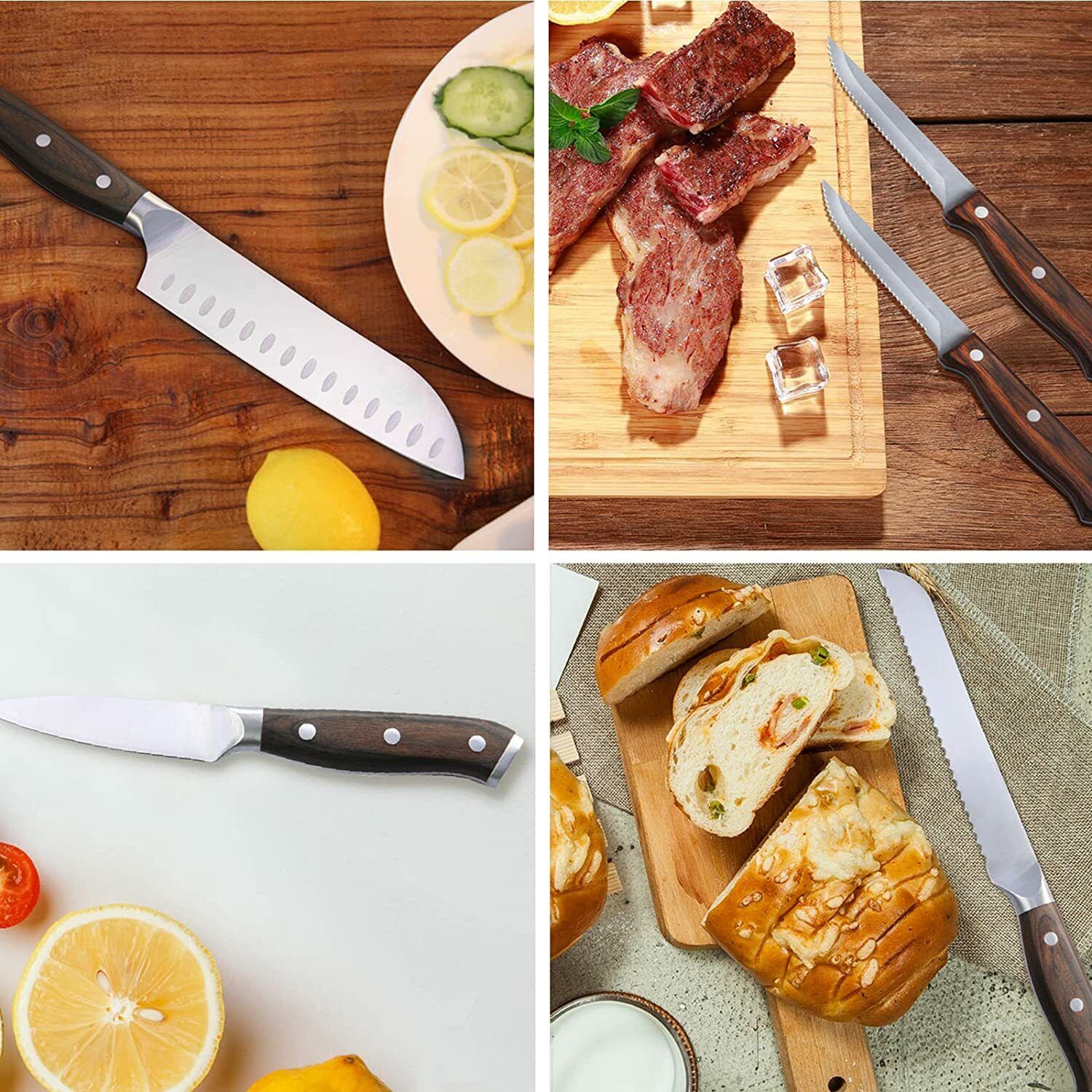 15-Piece Kitchen Cutlery Knife Set with Block Built-in Sharpener Stainless Steel - Fresh Stock Dated February 2026