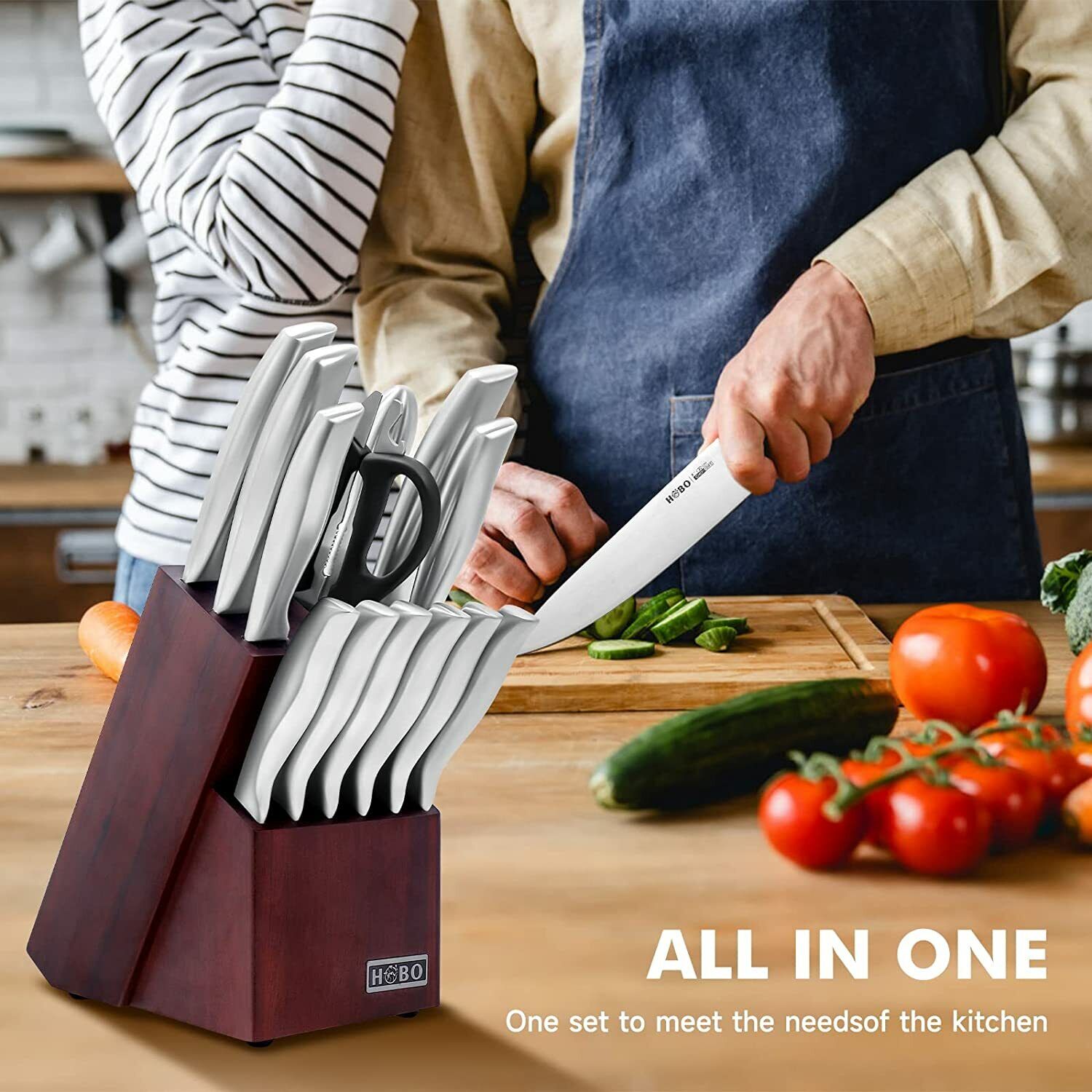 Knife Set, 14 Piece Kitchen Knife Set with Block, Chef Knife set with Sharpener - Fresh Stock Dated February 2026