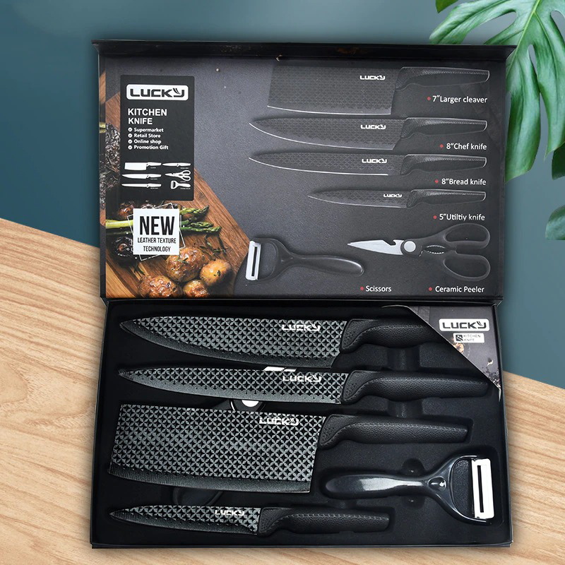 6PCS Chef Knives Set Black Blade Paring Utility Kitchen Slicing Bread Cooking - Fresh Stock Dated January 2026