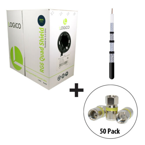 RG6 Quad Shield Coaxial Cable 500FT Black + 50 F-Type Compression Connectors Kit - Fresh Stock Dated December 2025