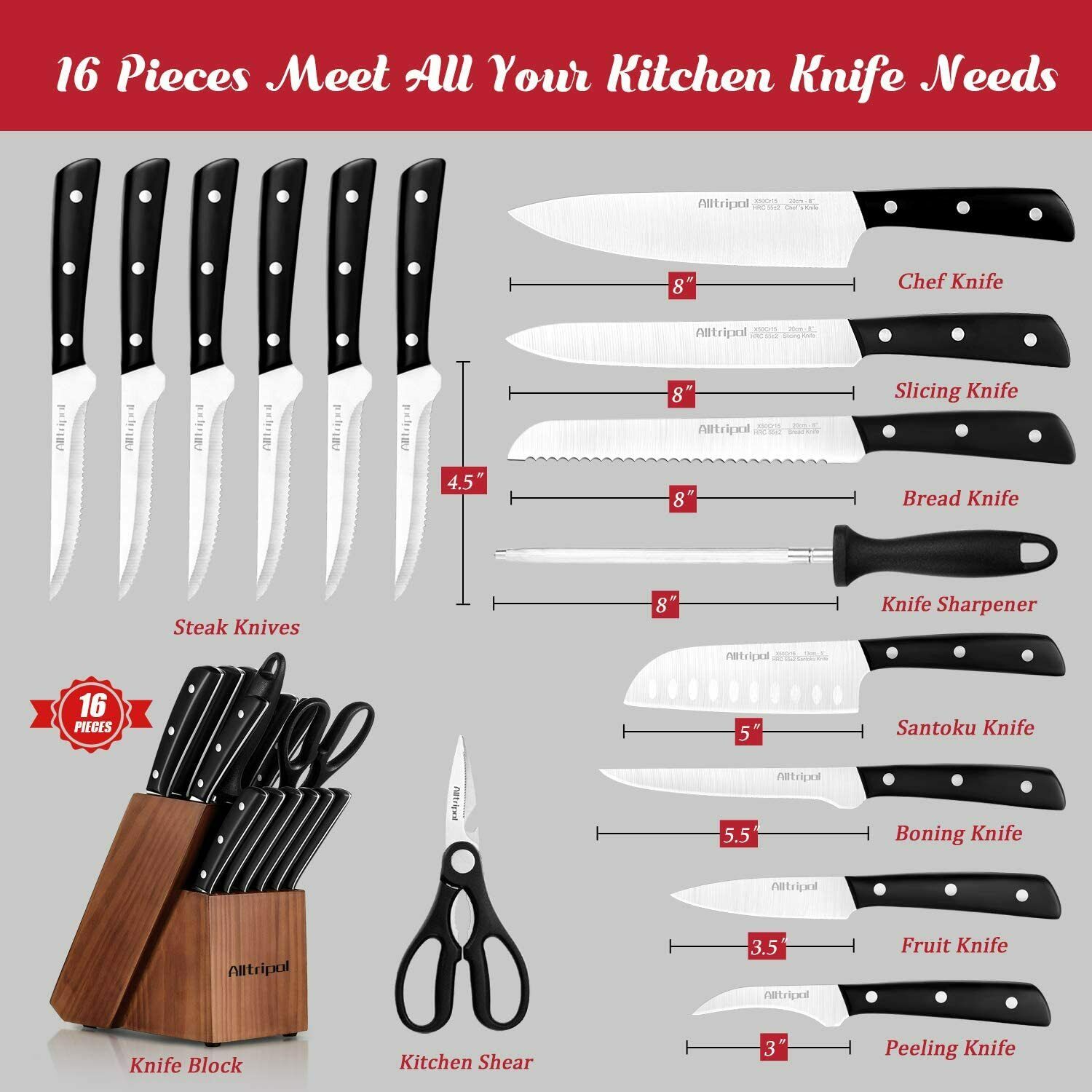 Knife Set, 16-Piece Kitchen Knife Set with Block Wooden German Stainless Steel - Fresh Stock Dated February 2026