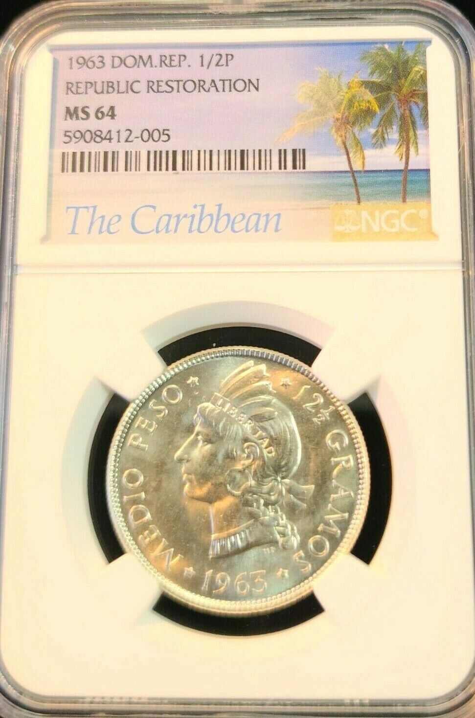 1963 DOMINICAN REPUBLIC SILVER 1/2 PESO REPUBLIC RESTORATION NGC MS 64 BRIGHT BU - Fresh Stock Dated December 2025