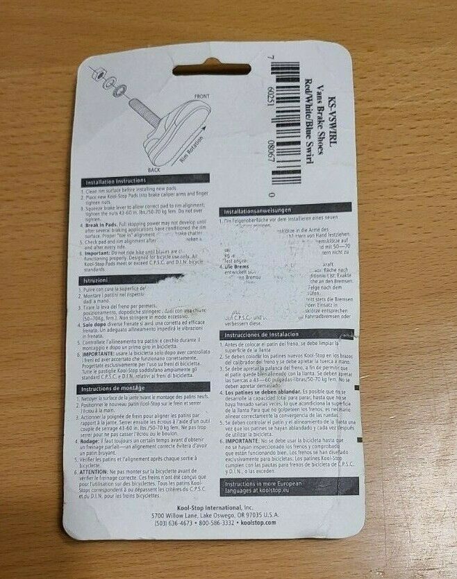 Kool Stop BMX Vans Brake Pads Pair Red/White/Blue Swirl NIP - Fresh Stock Dated December 2025