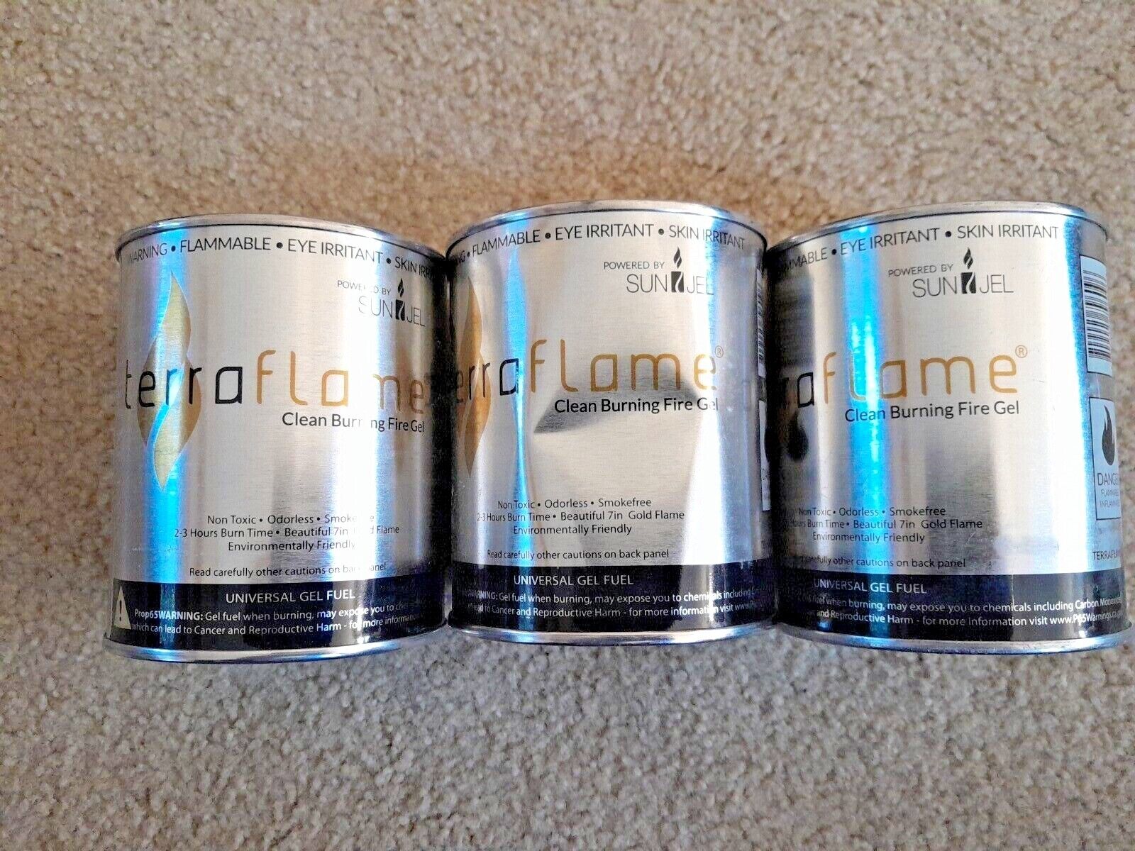 3 Pack Terra Flame Clean Burning Fireplace Gel Fuel Cans by SunJel Odorles - Fresh Stock Dated January 2026