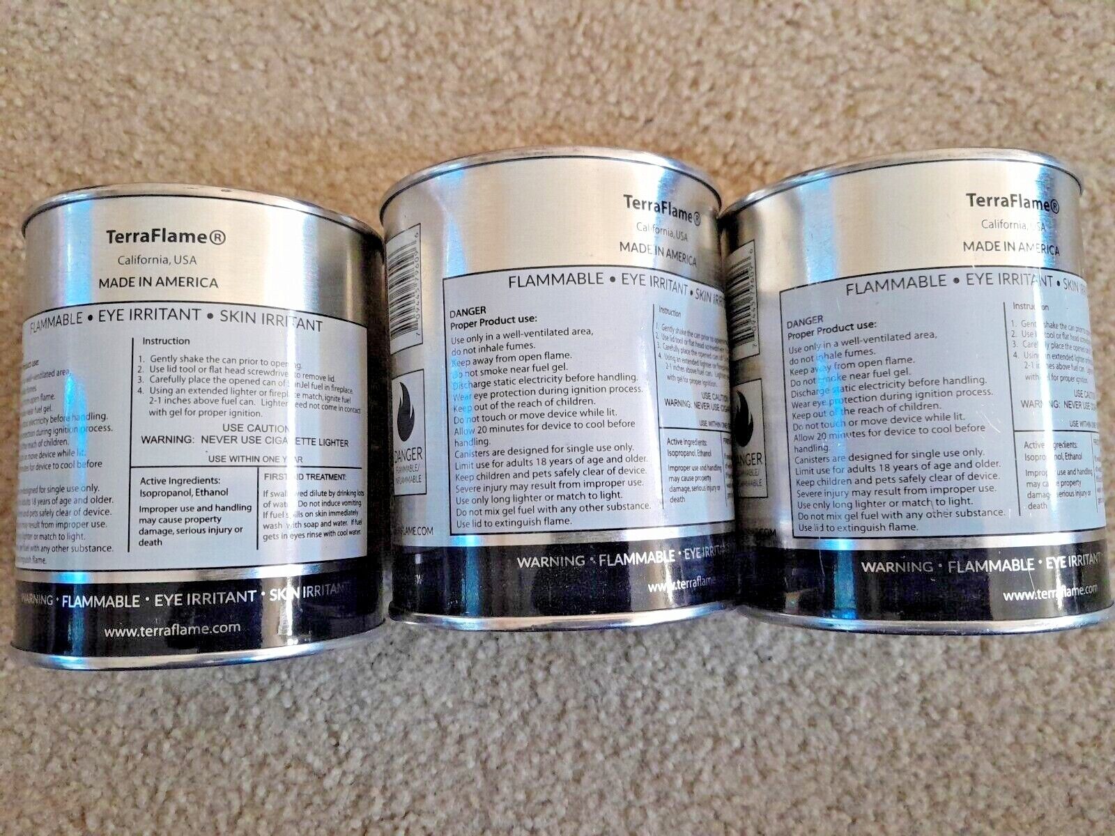 3 Pack Terra Flame Clean Burning Fireplace Gel Fuel Cans by SunJel Odorles - Fresh Stock Dated January 2026