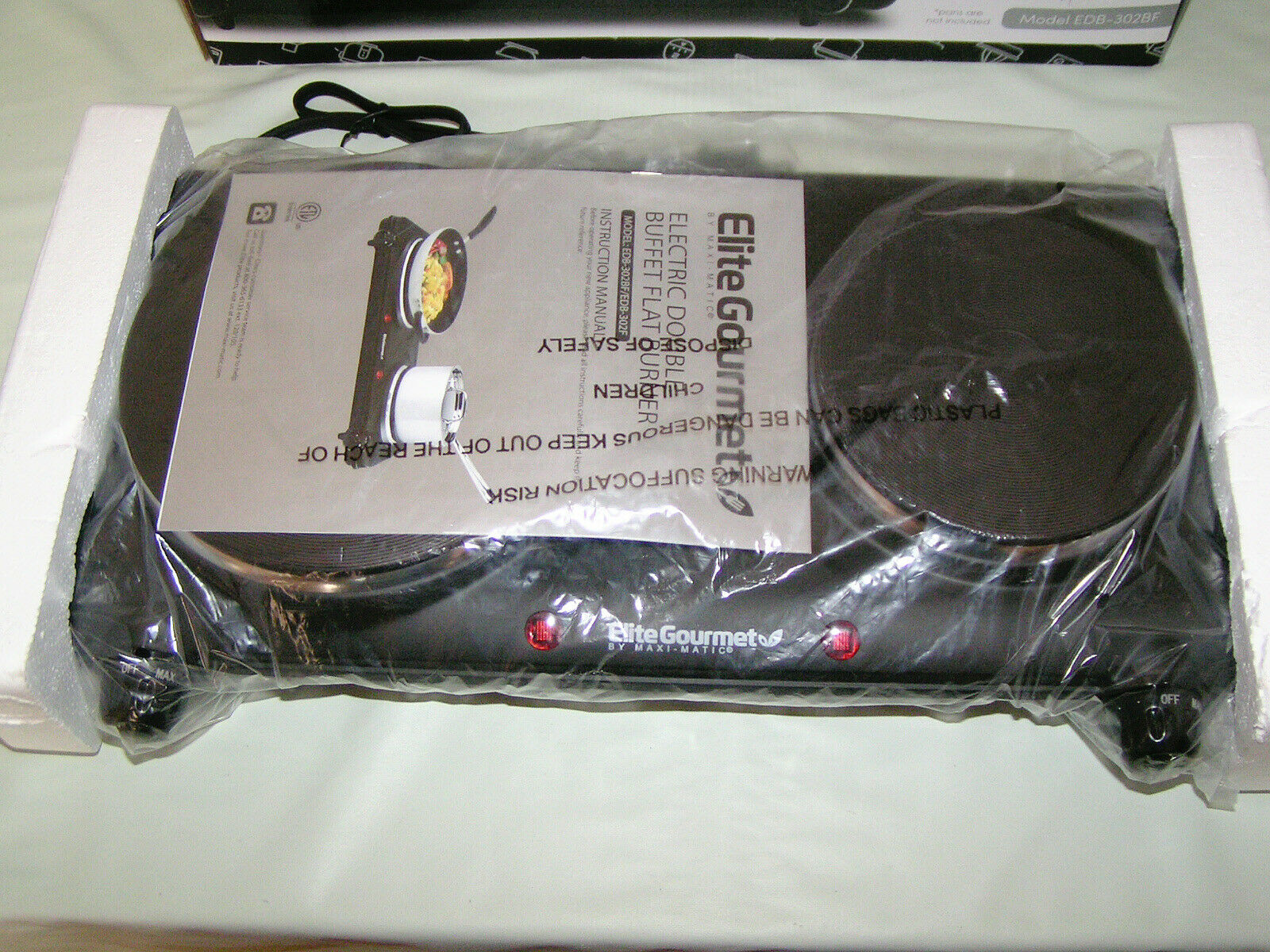 NEW Elite Gourmet EDB-302BF Maxi-Matic Electric Double Buffet Burner w/Dual Temp - Fresh Stock Dated February 2026