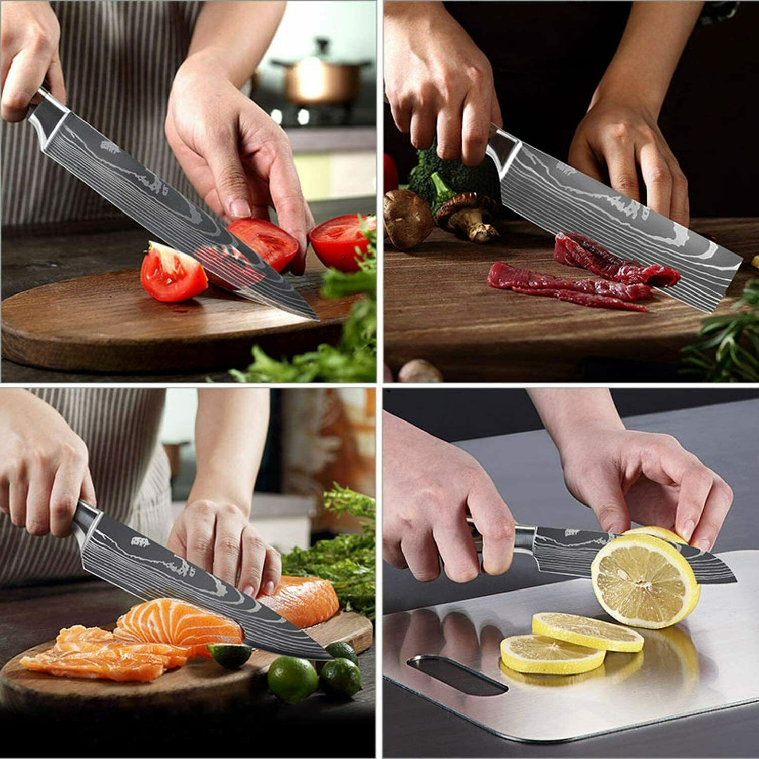 Damascus Pattern Chef's Knife Set Japanese Kitchen Knives Cleaver Slicing Tool - Fresh Stock Dated January 2026