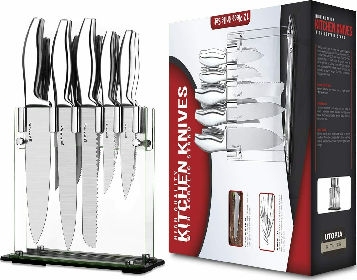 12 Pcs set-Steel Handle Stainless Steel Knives with Acrylic stand Utopia Kitchen - Fresh Stock Dated January 2026