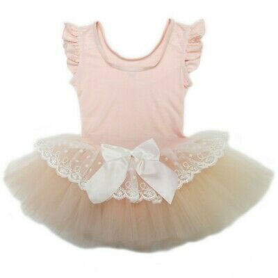 Wenchoice Girls Peach Lace Bow Flutter Sleeve Ballet Dress S (9-24M)-XL (6-8) - Fresh Stock Dated December 2025