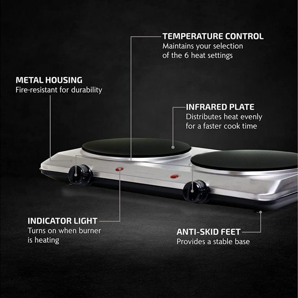 Double Cooking Burner Electric Glass Infrared Countertop 7.5 Inch - Fresh Stock Dated February 2026