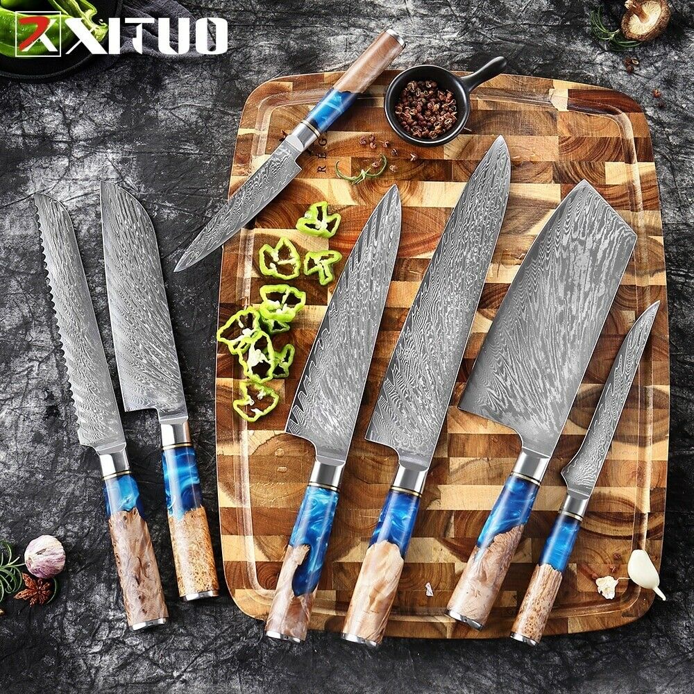 Kitchen Knives Damascus Steel VG10 Chef Knife Blue Resin Wood Hand Cooking Tool - Fresh Stock Dated January 2026