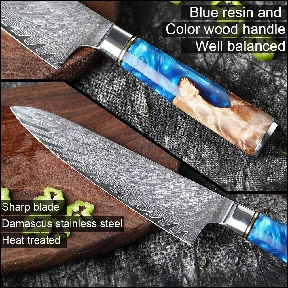 Kitchen Knives Damascus Steel VG10 Chef Knife Blue Resin Wood Hand Cooking Tool - Fresh Stock Dated January 2026