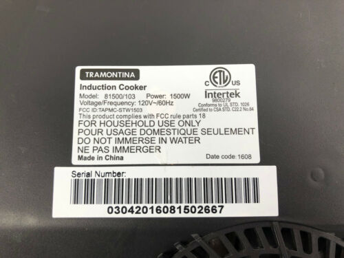Tramontina Induction Cooker Cooktop Single Burner Glass Top Model 81500/103 - Fresh Stock Dated February 2026