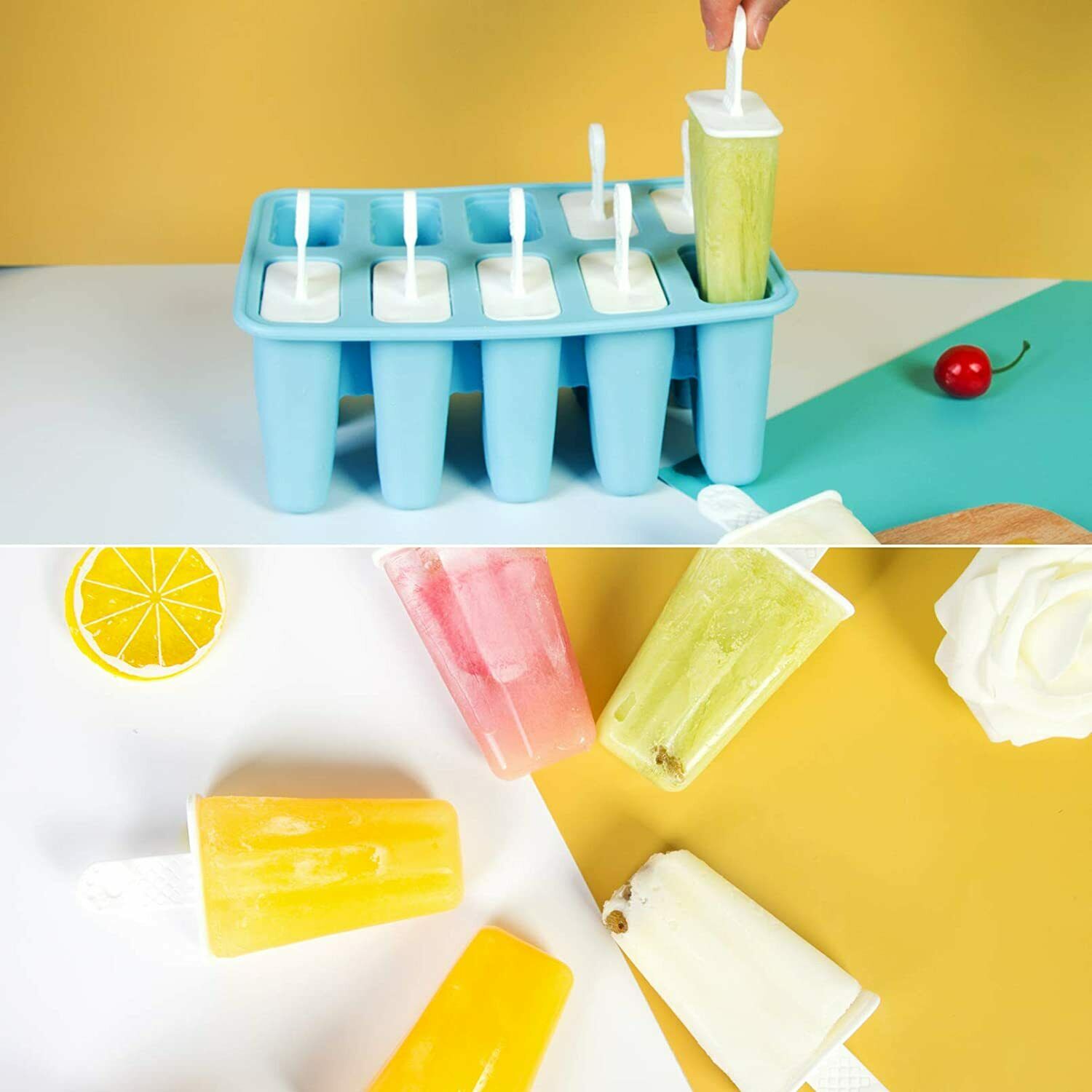 10 Cell Ice Cream Popsicle Frozen Mold Silicone Lolly Mould Ice Tray Cover Lid - Fresh Stock Dated February 2026