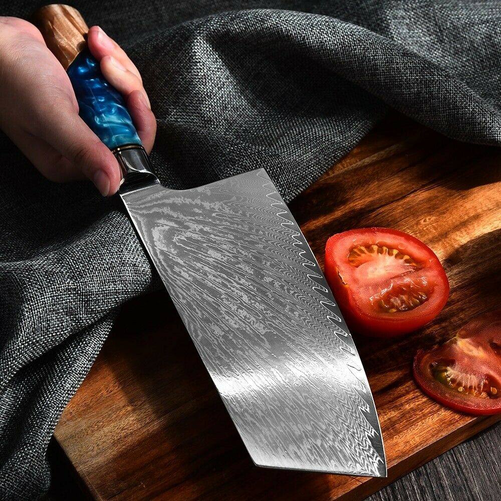 Kitchen Knives Damascus Steel VG10 Chef Knife Blue Resin Wood Hand Cooking Tool - Fresh Stock Dated January 2026