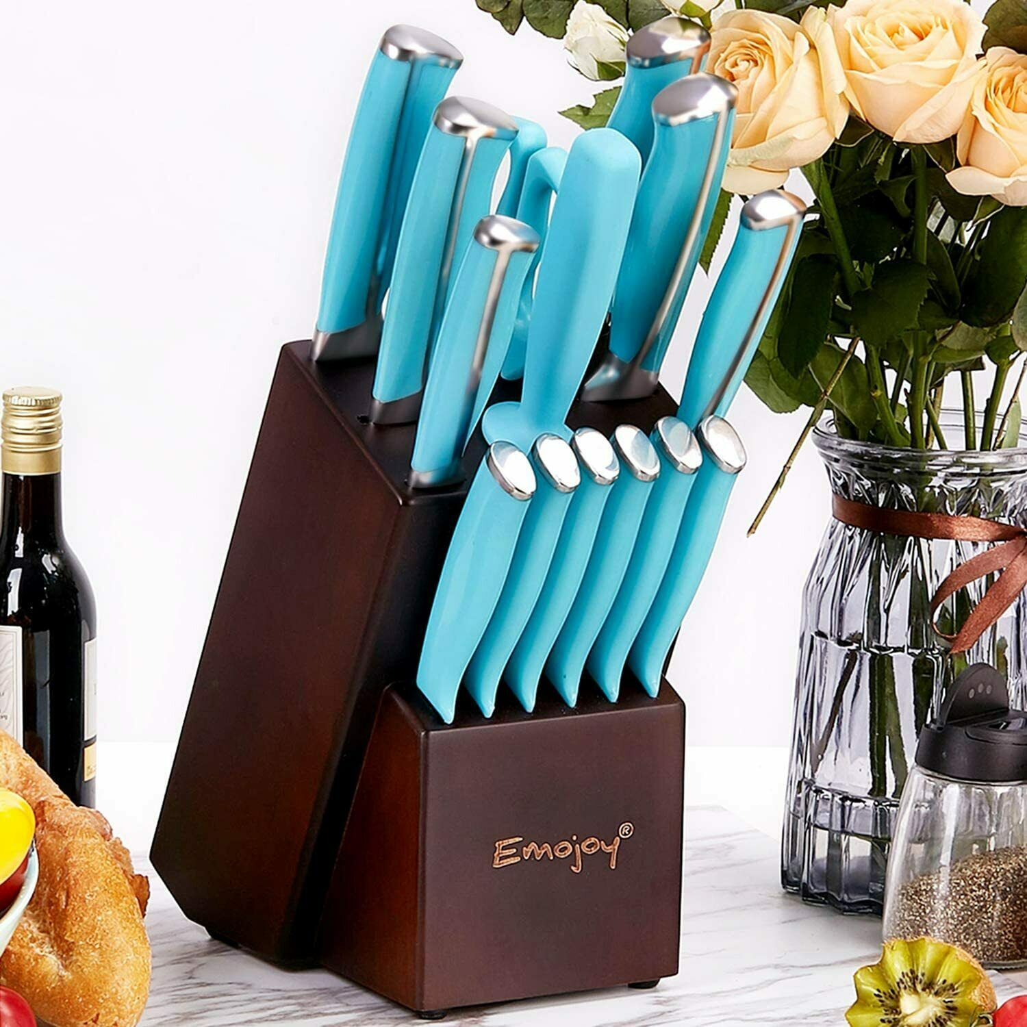 Knife Set, 15-Piece Kitchen Knife Set with Block Wooden German Stainless Steel - Fresh Stock Dated January 2026