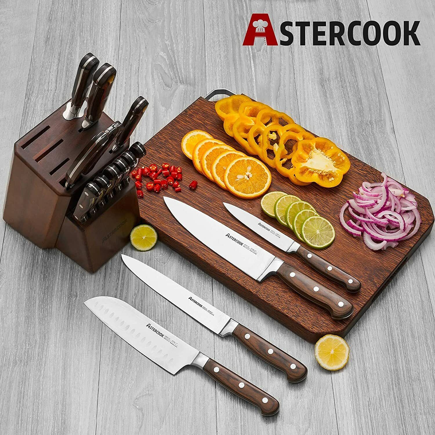 Knife Set, 15-Piece Kitchen Knife Set with Block Wooden German Stainless Steel - Fresh Stock Dated February 2026