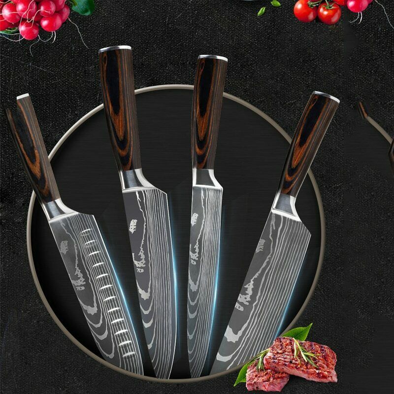 10 Pcs Japanese Kitchen Knives Set Damascus Pattern Stainless Steel Chef’s Knife - Fresh Stock Dated January 2026