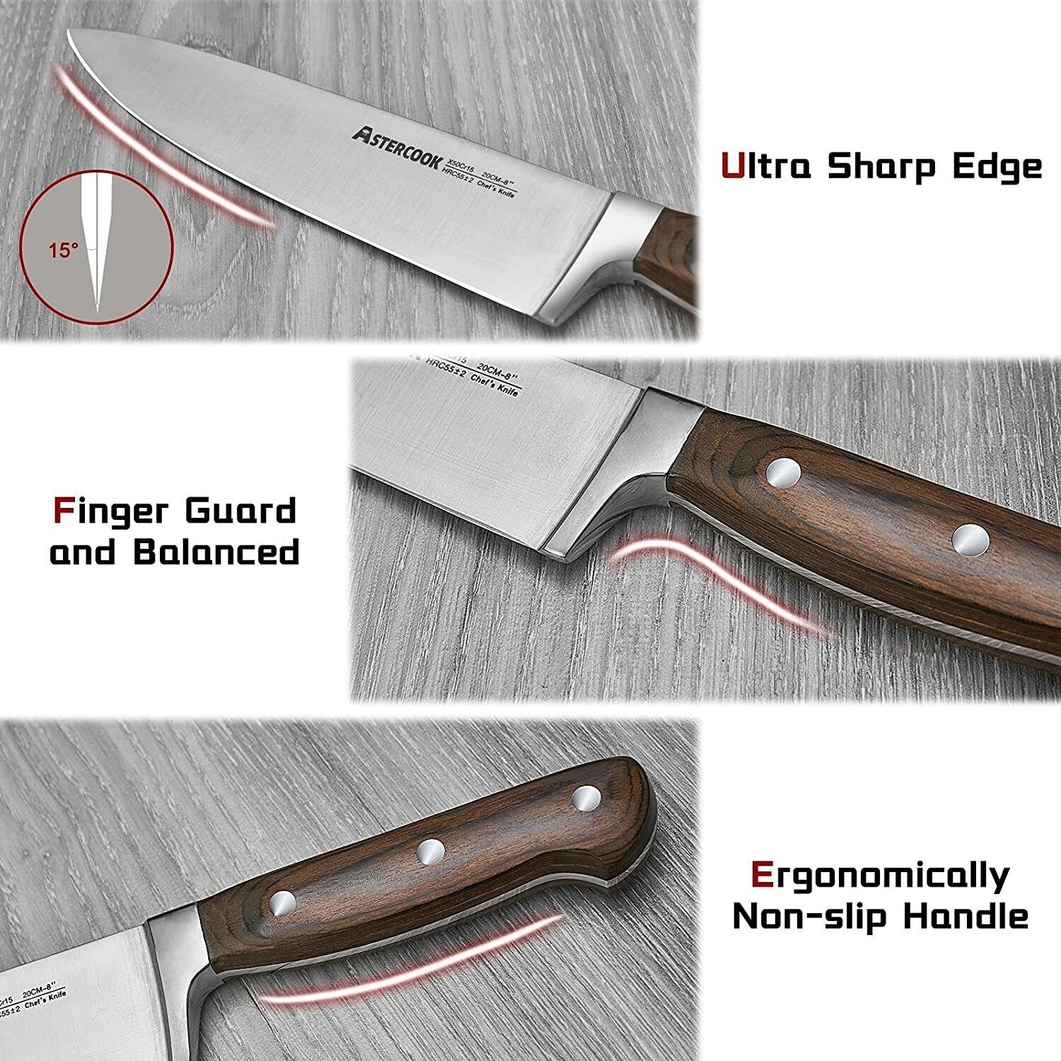 Knife Set, 15-Piece Kitchen Knife Set with Block Wooden German Stainless Steel - Fresh Stock Dated February 2026